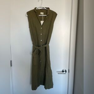 Olive Green Linen Sleeveless Button-Down Dress with waist tie, size M/US 8, NWT